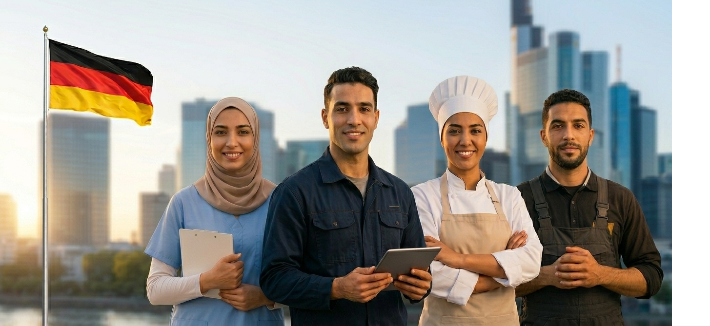 Internationale Fachkräfte vor der Berliner Skyline